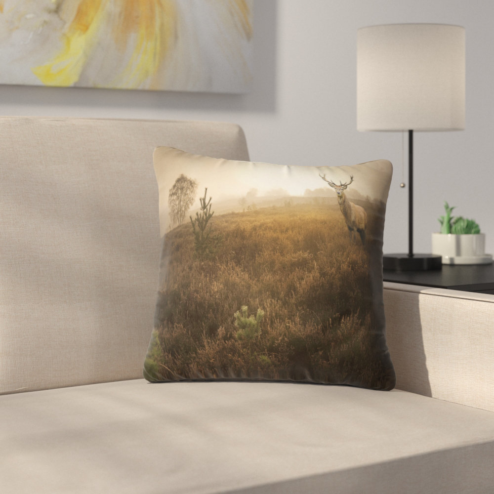 Mist Forest with Red Deer Stag - Landscape Printed Throw Pillow Design Art