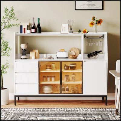 Buffet moderne avec 3 tiroirs et un casier de porte en verre, l'armoire latérale peut contenir des verres à vin