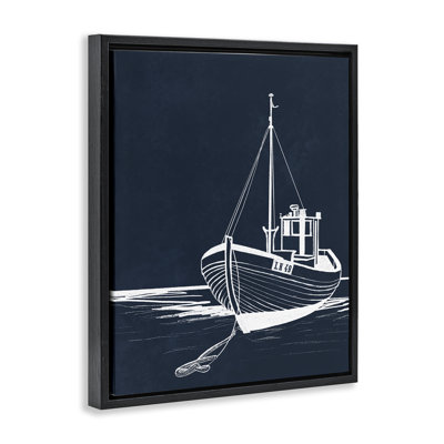 White Outline Sailboat Black Framed Floater Canvas Wall Art by Leah Noel Art