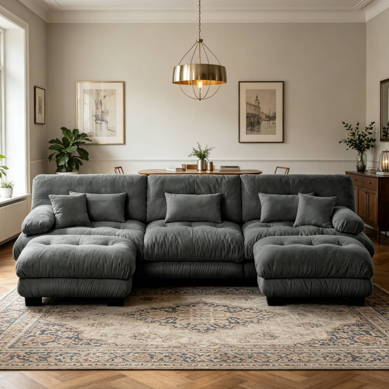 Canapé modulaire en U rembourré avec 2 repose-pieds, Gris, 35.4" H x 133.8" W x 59.6" D