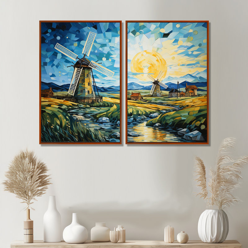 «Blue Calm Windmill Meadows», art mural industriel, Brown, 36" H x 48" W, Impression encadrée flottante