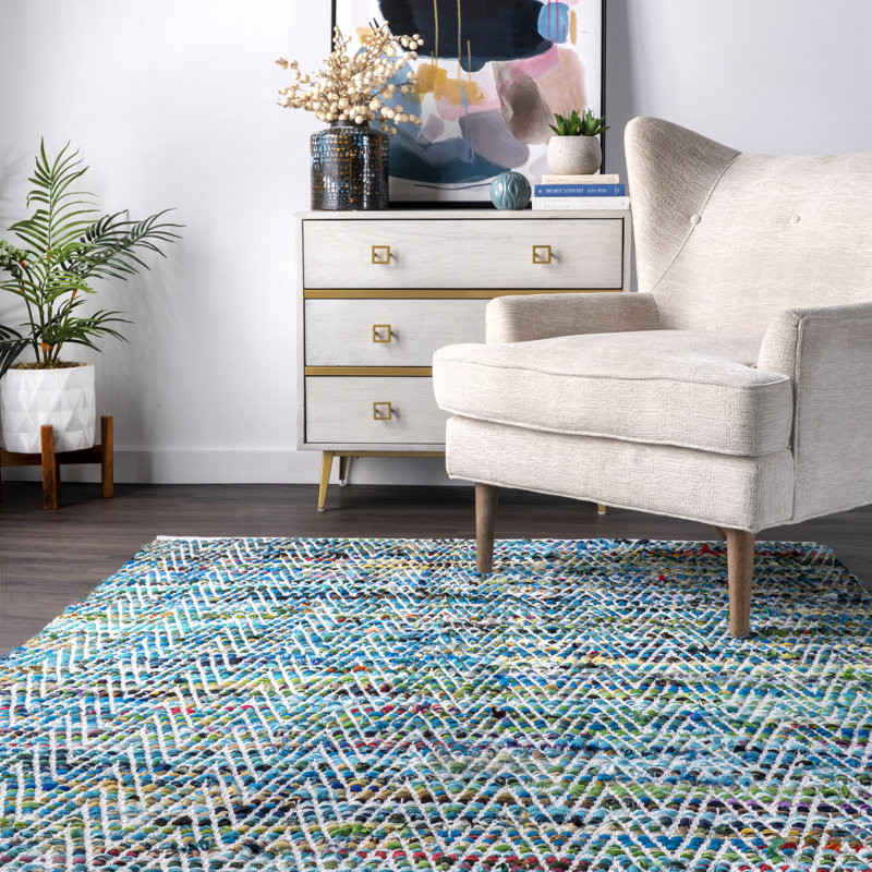 Handmade Tufted Chevron Striped Green Rug, Rectangle 6' x 9'