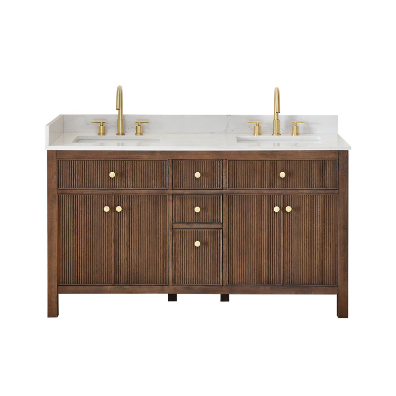 Lala 60" Double Bathroom Vanity with Grain White Engineered Stone Countertop without Mirror, Brown Brushed Oak