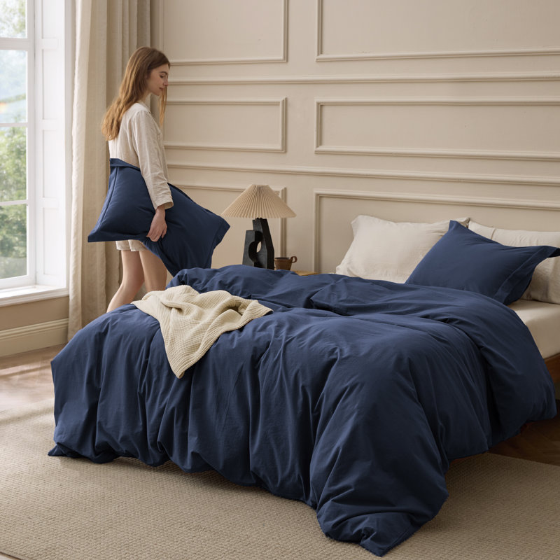 Bedsure 100% Washed Cotton Duvet Cover Queen Set - Minimalist Cotton Beding Set For All Season（set of 3）, Bright White