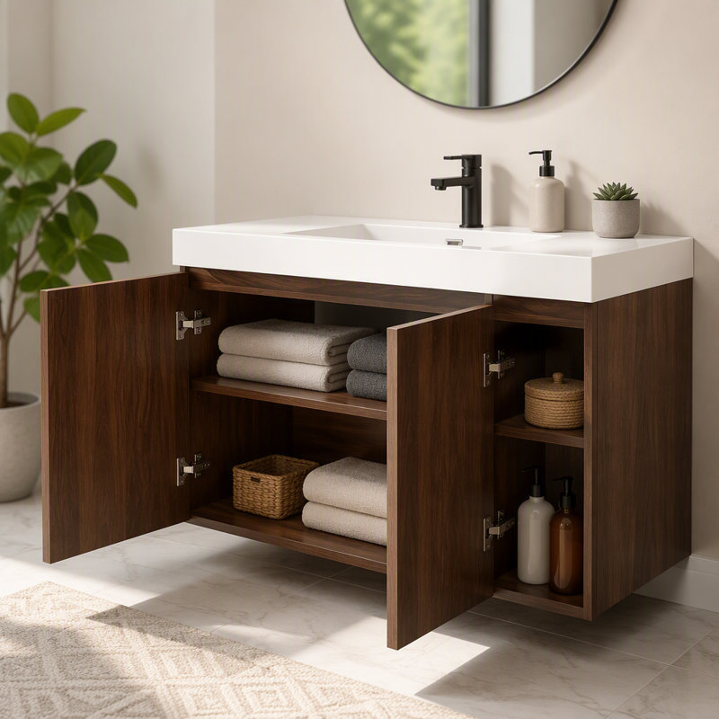 Meuble-lavabo GALAN 48F" Winston en noyer avec lavabo, grand meuble-lavabo autoportant de rangement pour salle de bain moderne, lavabo blanc monobloc sans bonde ni robinet, à monter soi-même