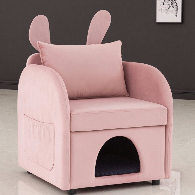Fauteuil gris foncé avec oreilles de lapin et cachette intégrée pour chats et petits chiens, Rose