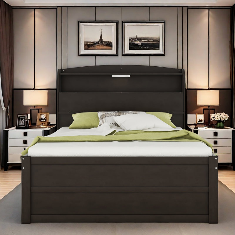 Milijanka Platform Bed with Storage LED Headboard, Two Drawers and A Trundle, Full, White