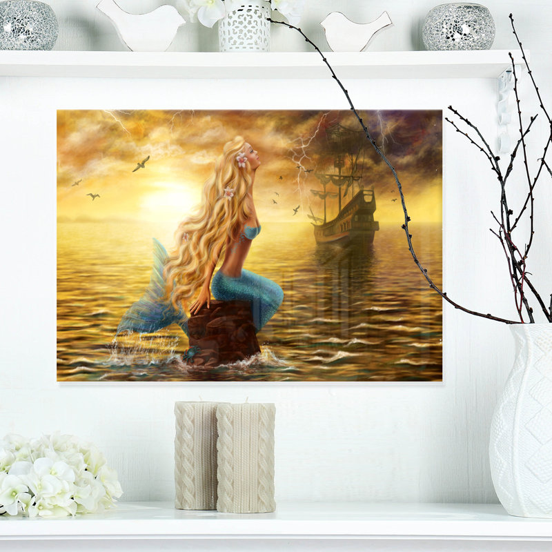 Sea Mermaid with Ghost Ship - impression d'art graphique, H 8 po x l 12 po x P 1 po, Toile tendue