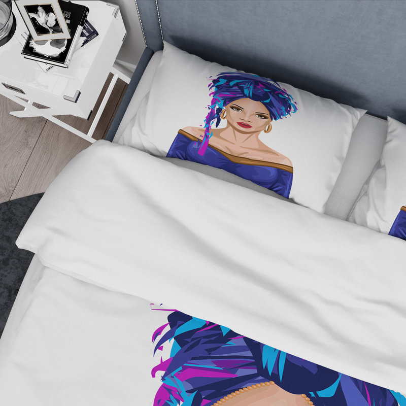 Portrait de femme avec un turban bleu - ensemble de housse de couette traditionnel - microfibre de polyester
