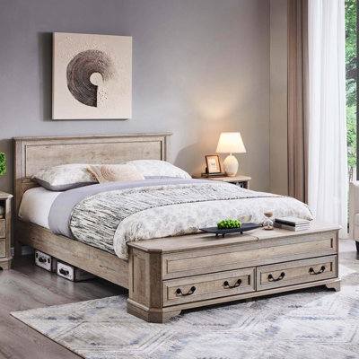 Grand lit plateforme avec tête de lit géométrique 3D et banc de rangement, lit de rangement à 4 tiroirs, mobilier de chambre moderne, finition chêne