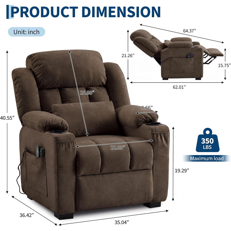 Fauteuil inclinable électrique surdimensionné avec chauffage et massage, Chenille brun