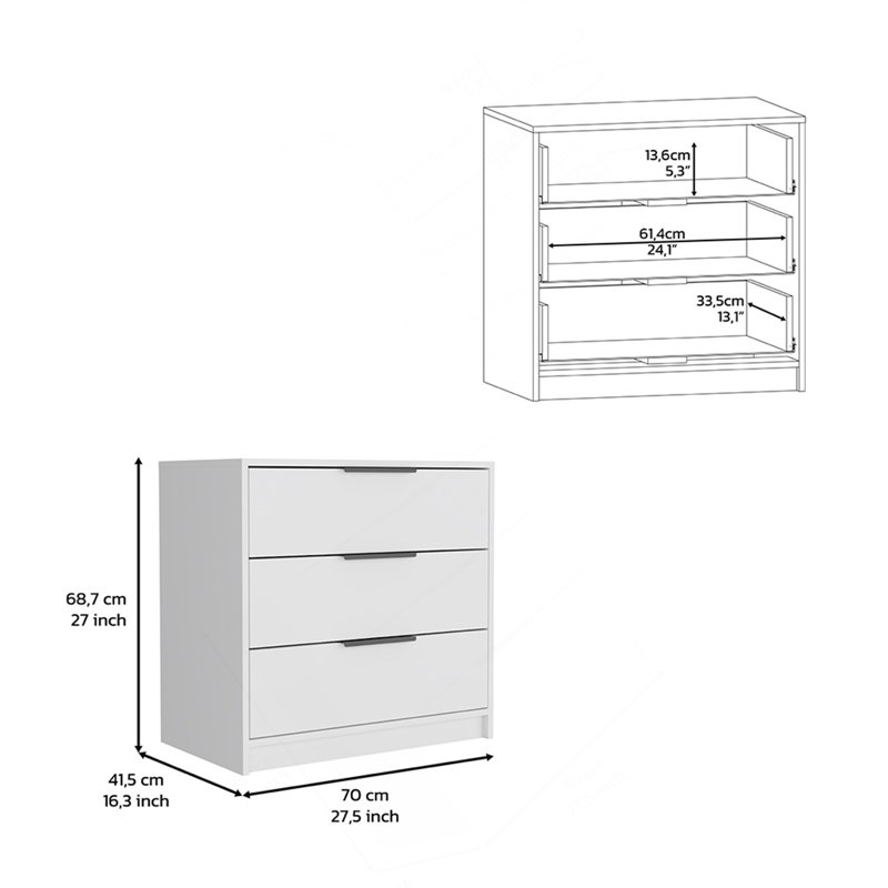 Commode 3 tiroirs Maryland, plateau, finition blanche, Blanc