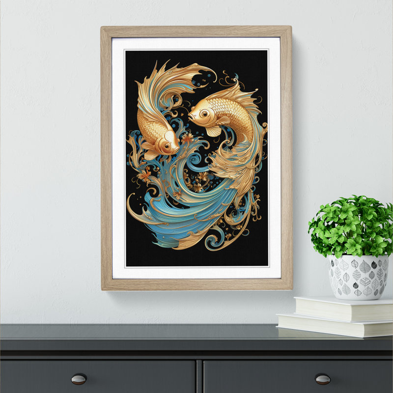 Siamese Fighting Fish Nouveau - Framed Print, 34cm H x 25cm W x 2cm D, Oak