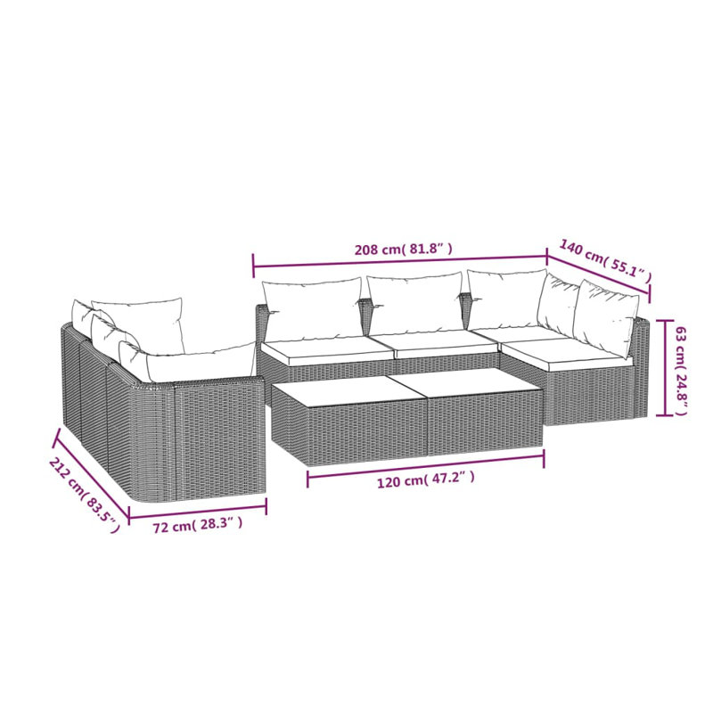 Fayana 9 Piece Lounge Chair with Cushions, 3x Corner + 2x Middle + Armchair + Table