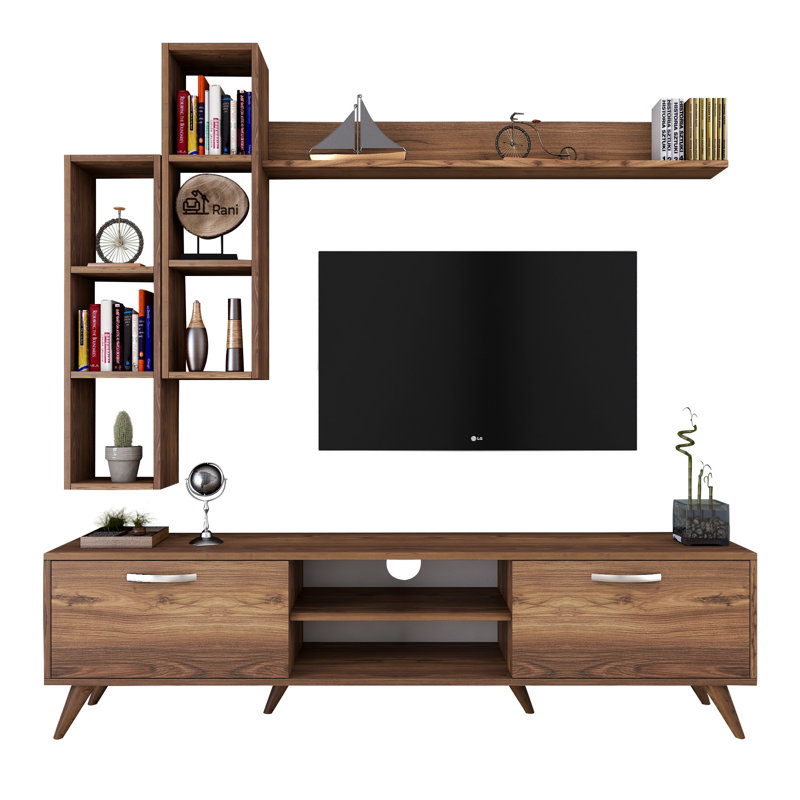 Husnu Entertainment Center for TVs up to 55", Walnut, 1 TV Stands, 1 Middle Shelf and 1 Wall Shelf