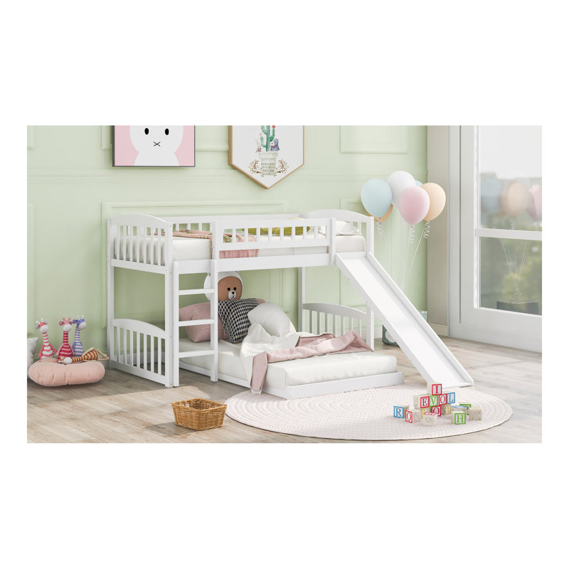 Lit simple superposé au-dessus d'un lit simple avec glissière et échelle, blanc, Blanc