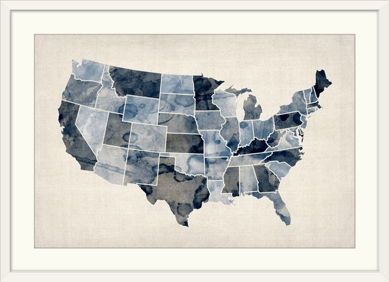 «Carte des États-Unis d'Amérique» par Bellen, impression, H 20 po x l 26 po x P 1 po, Cadre blanc