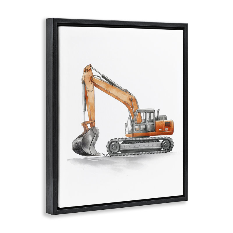 Art de travail sur toile orange avec camion de travail, H 21 po x l 17 po, Cadre flottant noir de jais