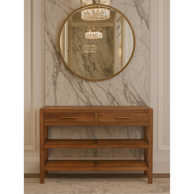Console en bois tissé en bois, brun, 2 tiroirs, 2 tablettes