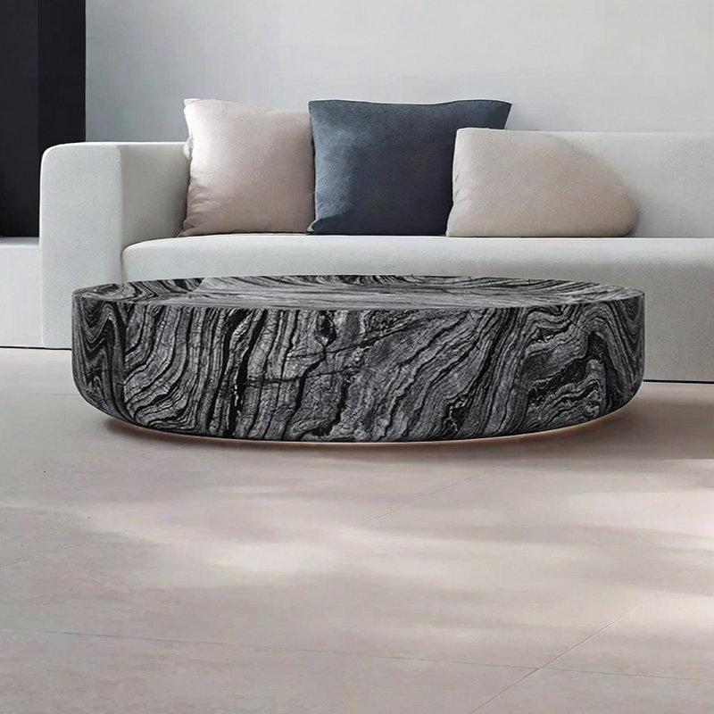 Table basse ronde en fibre de verre avec surface lisse, H 11,81 po x L 43,3 po x l 43,3 po, Noir / blanc