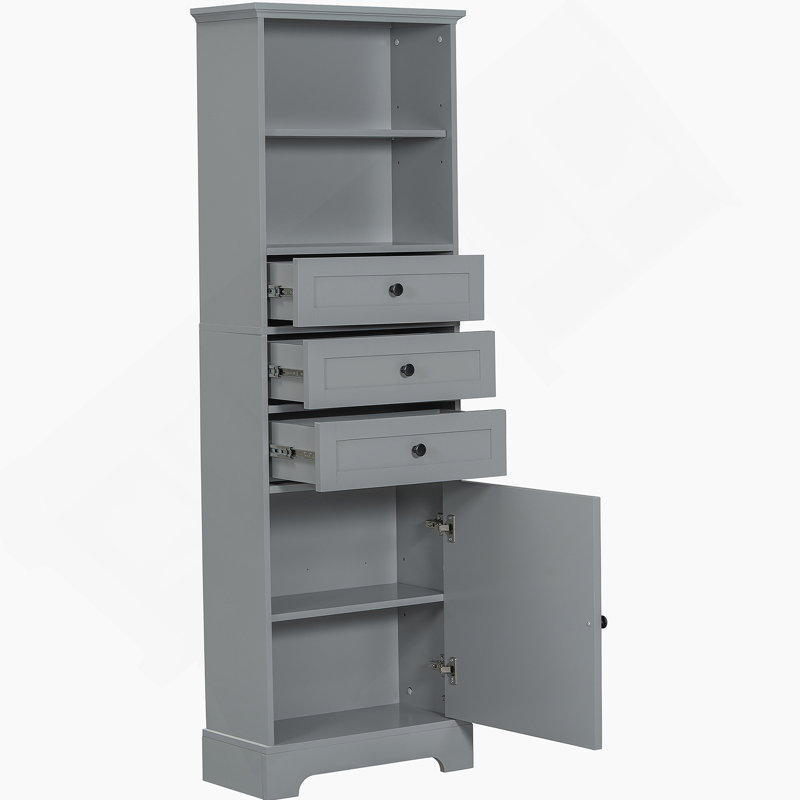 Gray Tall Storage Cabinet With 3 Drawers And Adjustable Shelves For Bathroom, Gray
