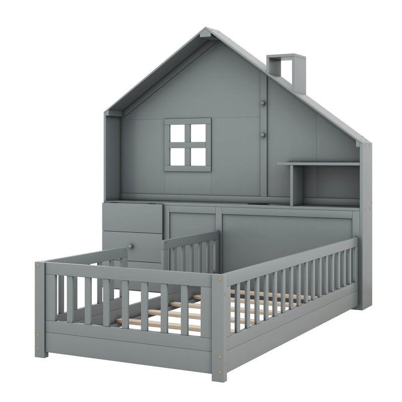 Helis House Bed with Window and Bedside Drawers, Full, Gray