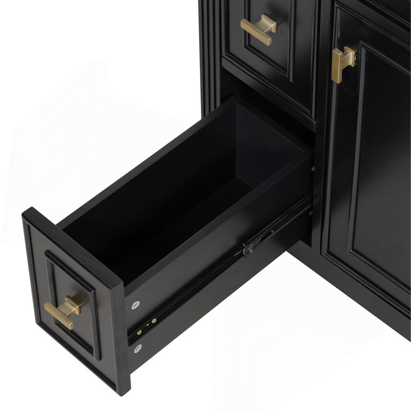 Meuble-lavabo de 24 po avec lavabo, armoire en bois massif et panneau de fibres à densité moyenne avec un tiroir rabattable, deux tiroirs standard et une tablette réglable, meuble-lavabo noir autoportant pour le rangement de la salle de bain