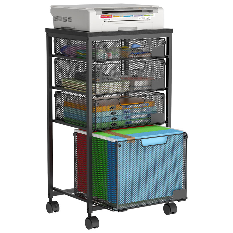 Rolling File Cart With 4 Storage Drawers, Filing Cabinet, Hanging File Folder Organizer With Wheels Under Desk, Utility Craft Cart Printer Stand, Black