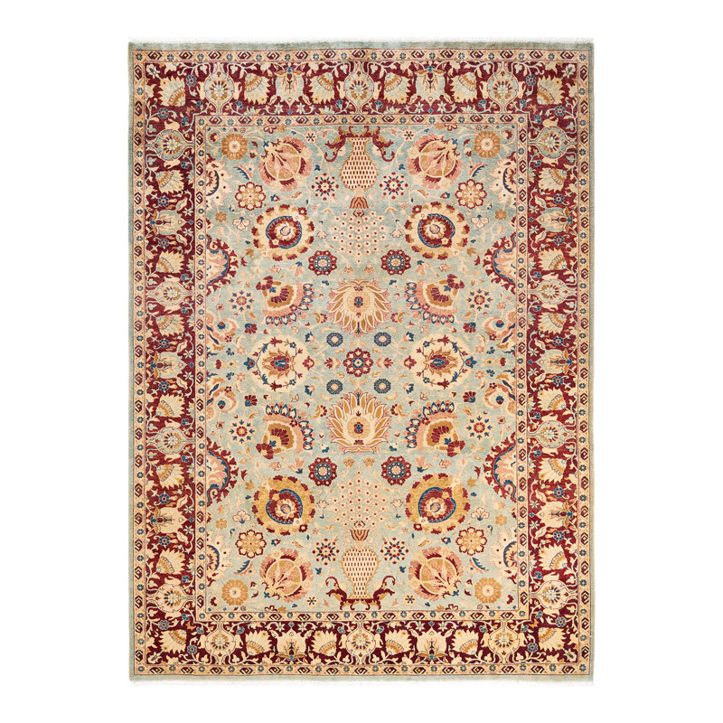 Tapis unique noué à la main Roric - bleu clair, 6 pi 2 po x 8 pi 7 po