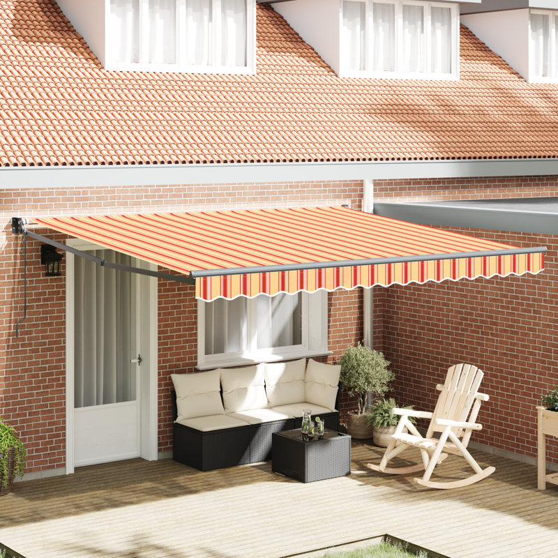 Ebern Designs Retractable Patio Awning, 400 cm W x 300 cm D, Yellow/Orange Striped