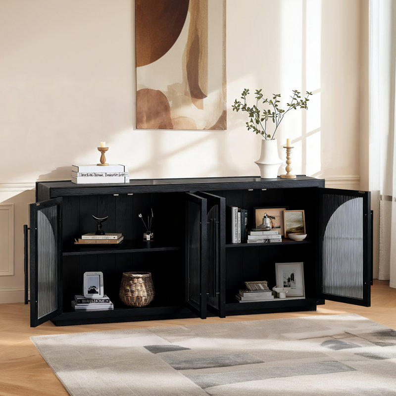70'' Modern Black Oak Sideboard Cabinet with Adjustable Shelves and 4 Semi-Frosted Glass Doors