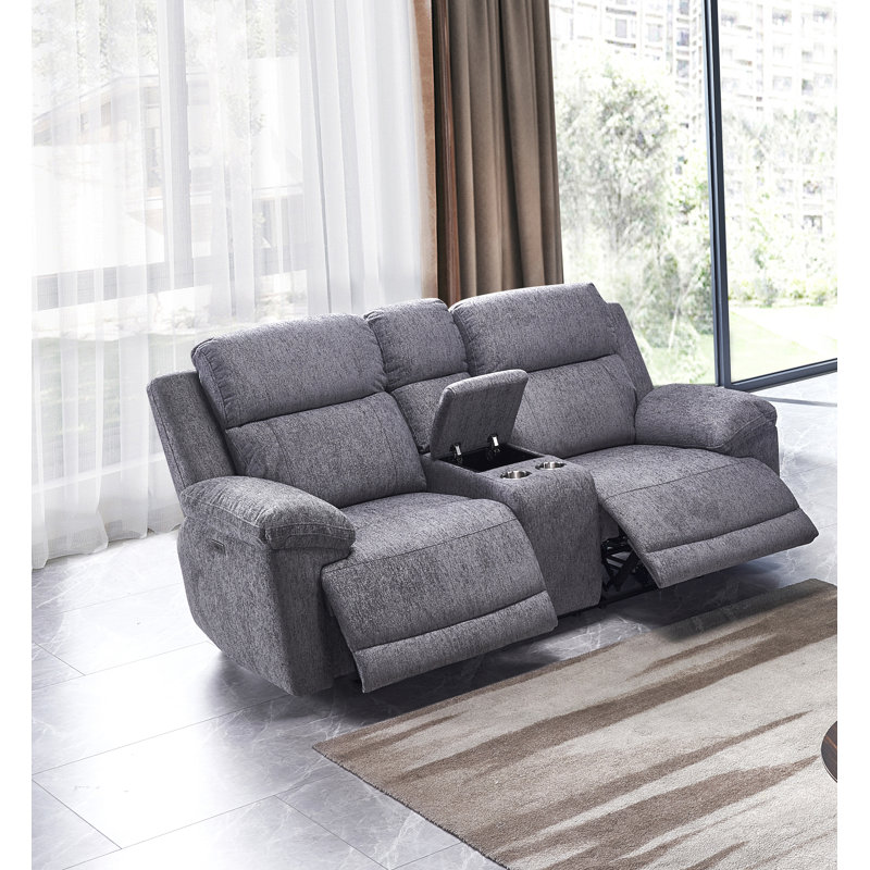 Upholstered Power Reclining Loveseat With Storage Console, USB Ports, Dark Gray