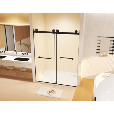 Double Sliding 56 - 60 "W X 74" H Shower Door, 8Mm Tempered Glass, Matte Black, Stainless Steel Components, External Proof Film, Space Saving Dual Sliding, Silent And Smooth Movement, Raised Water