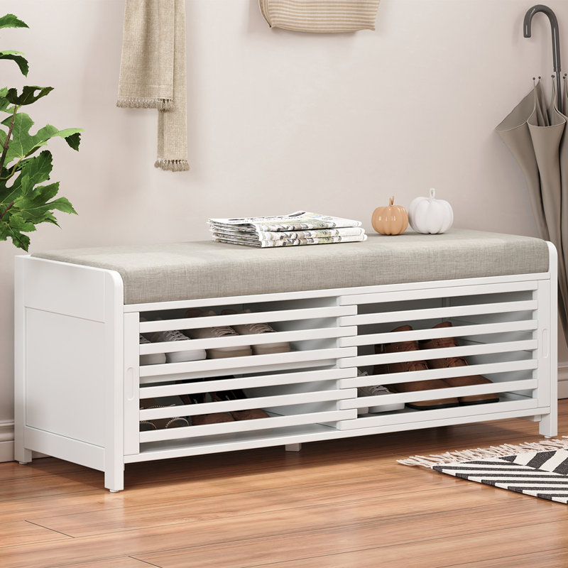 Distressed Shutter Storage Bench with Acacia Veneer, White