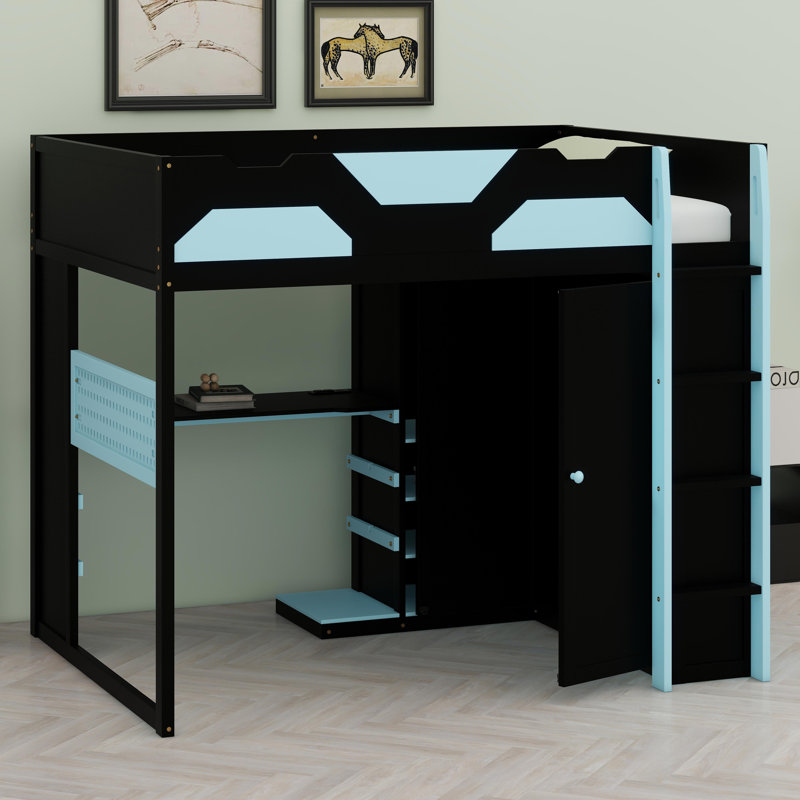 Loft Bed With Integrated Desk, Multi-Level Storage Shelves, USB Ports & RGB Lighting, Blue