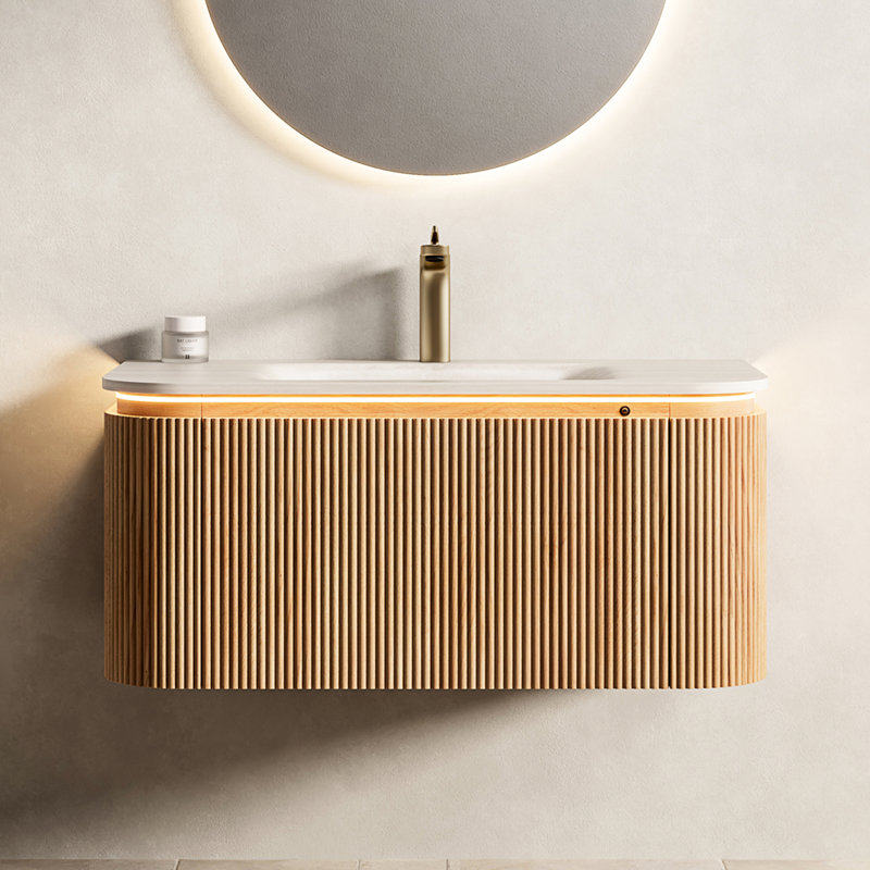 Meuble-lavabo de 36 po avec lavabo en pierre frittée à motif, armoire flottante, finition rayée 3D naturelle, éclairage à capteur DEL, système de fermeture en douceur, pré-assemblé, grand rangement, pierre de tiroir, facile à
