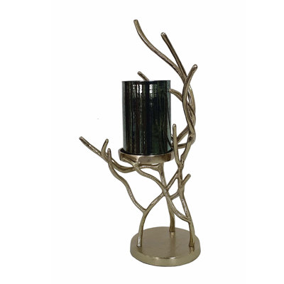 Minie Candle Holder, Twisted Branch Base, Gold Finish, Black Glass 18 Inch