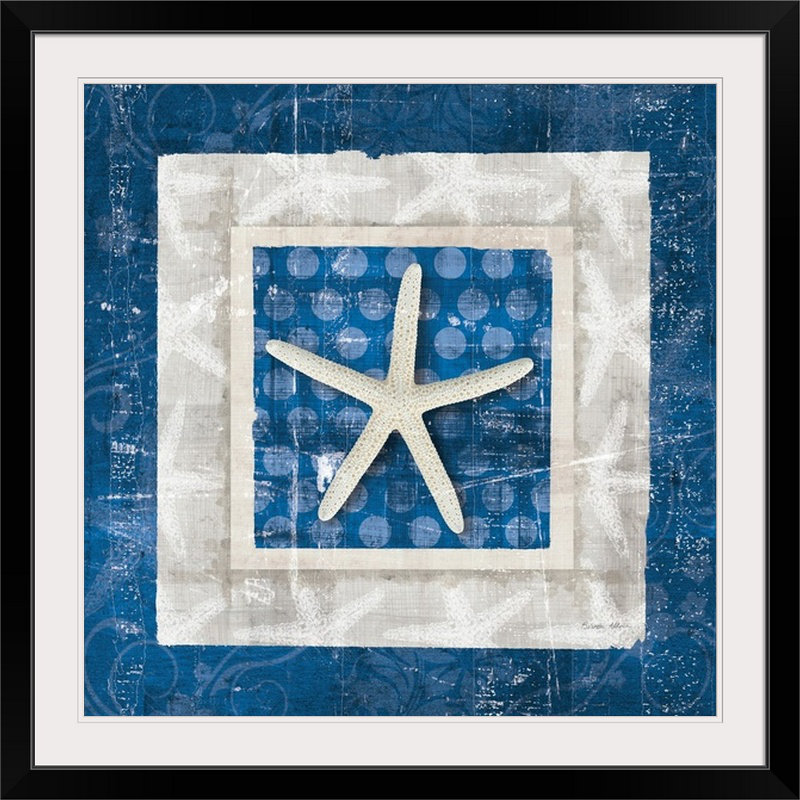 «Sea Shell IV on Blue», impression par Belinda Aldrich, Cadre noir, H 20" x l 20" x P 1"