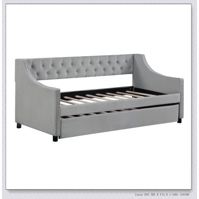 Upholstered Daybed With Trundle,Sturdy Wood Bedframe W/ Bedframe Tufted Button