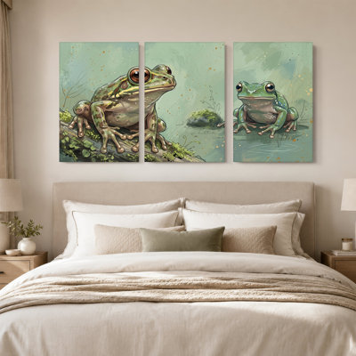Green Frogs on Mossy Log Near Water Set Of 3 Canvas Wall Art