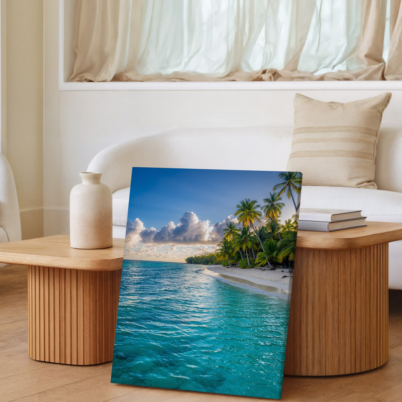 Toile, scène sereine de plage tropicale avec des eaux turquoise transparentes, H 12 po x l 9 po