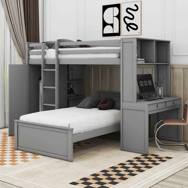 Kids Twin Loft Bed with Drawers, Gray