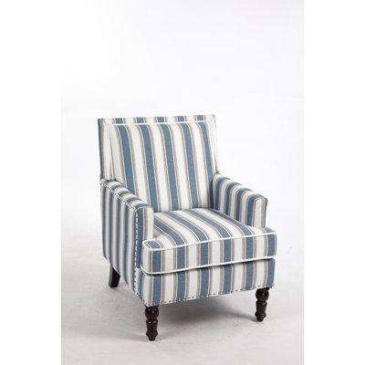 Vintage Accent Chair With Blue And White Striped Linen Upholstery, Nailhead Trim For Living Room, Robust Cozy