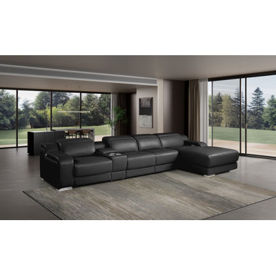 Black Right-Facing 5-Piece L-Shaped Sectional In Top-Grain Italian Leather With 3 Power Recliner & Adjustable Headrests