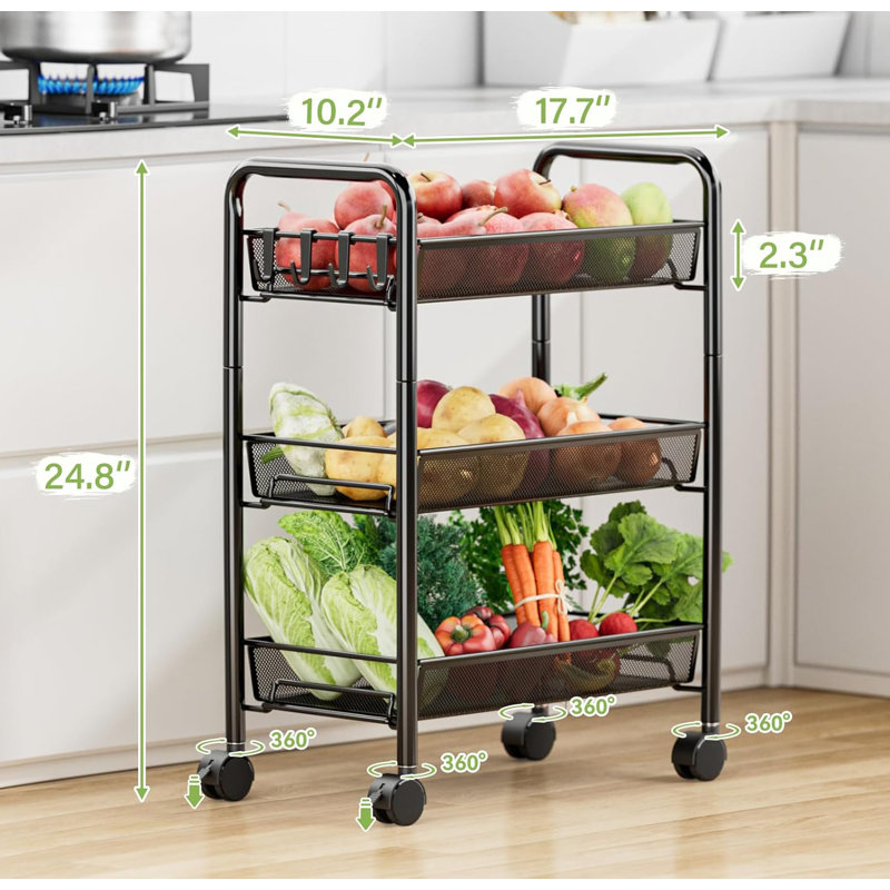 Black Metal 3-Tier Rolling Utility Storage Cart