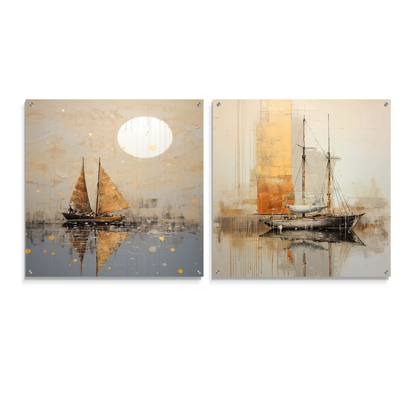 Minimalism Gold And Grey Boat Fishing - Boat Fishing Acrylic Wall Art Glass Set Of 2, 30" H x 61" W