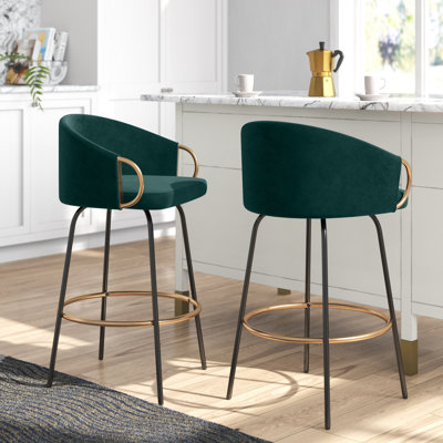 Tabouret de comptoir en velours à hauteur fixe de 26 po avec pieds en métal noir et repose-pieds doré Josie