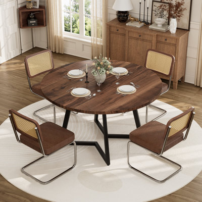 47.24" Round Table Metal Legs Dining Table Set with Linen Dining Chairs