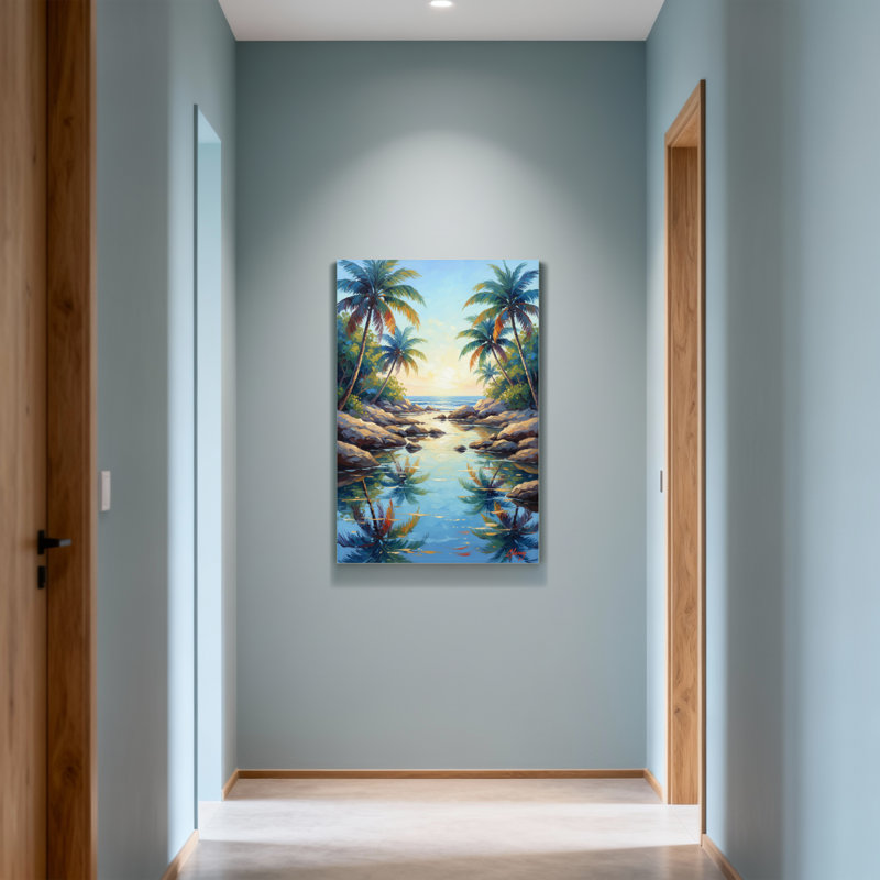 Plantes et fleurs, palmiers tropicaux, coucher de soleil, reflets, cascade, paysage, H 12 po x l 18 po
