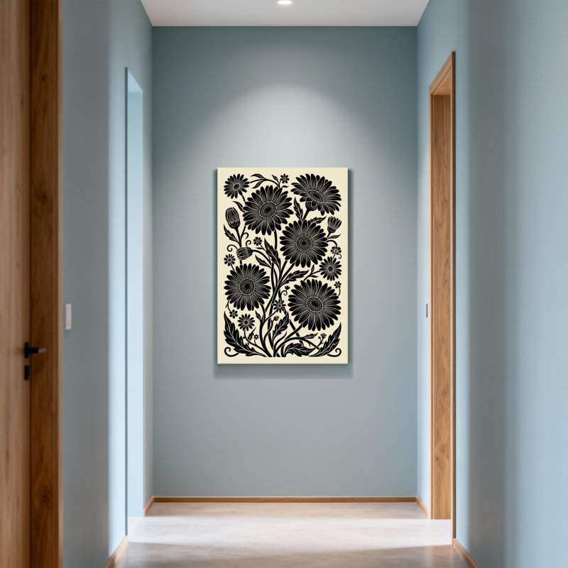 Plantes et fleurs à motif floral noir sur fond crème, H 40 po x l 28 po